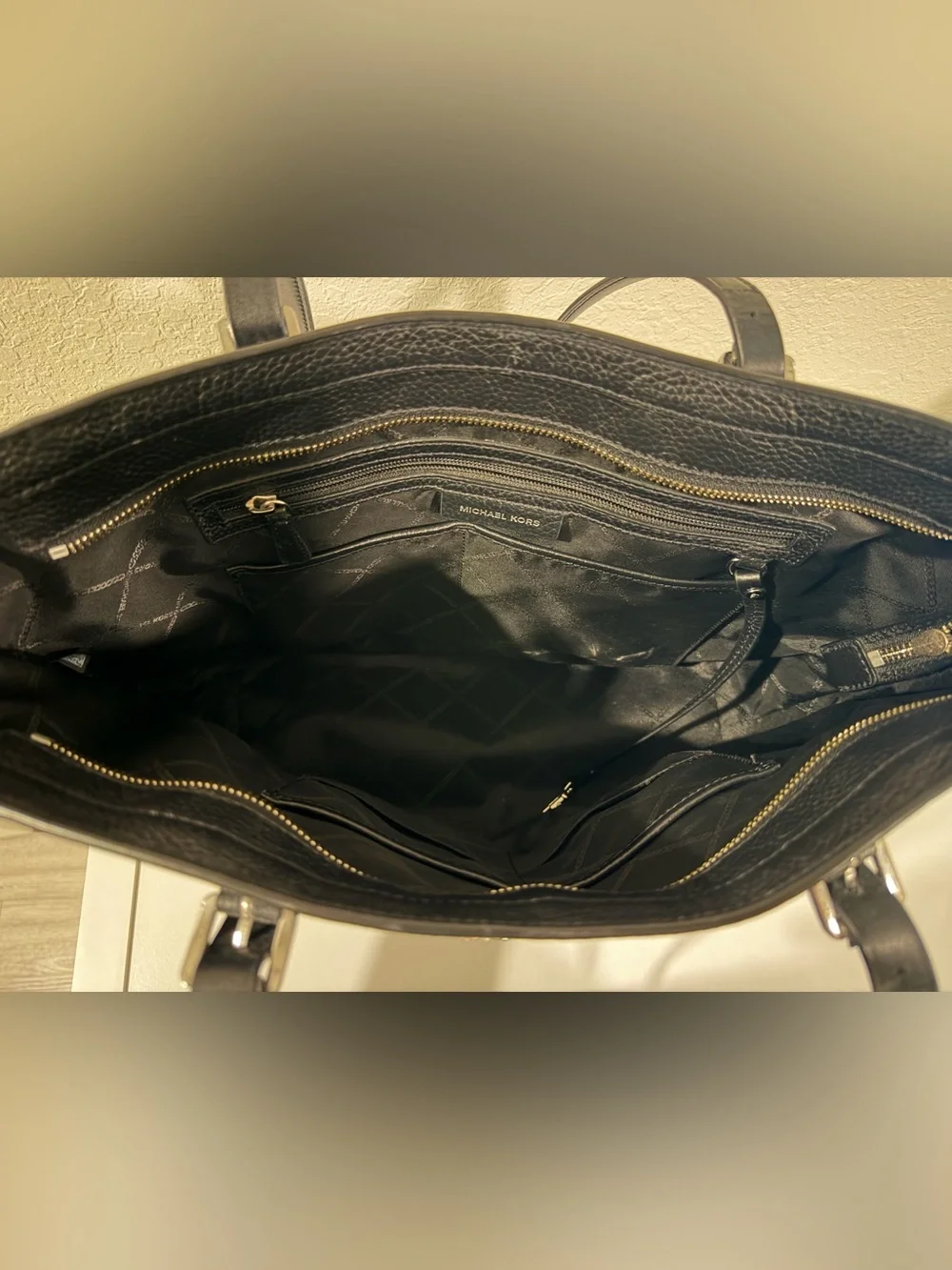 Michael Kors Black Pebbled Leather Tote with Gold Logo